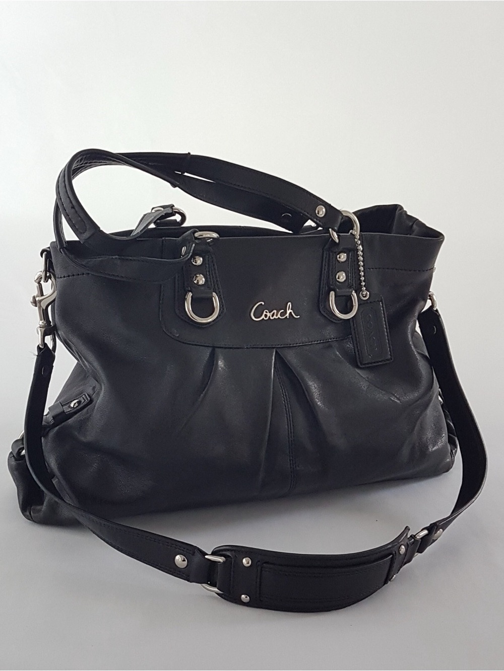 Vintage Coach Black Leather Convertible Shoulder Bag with Silver Hardware